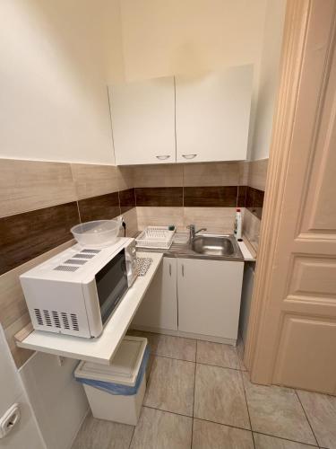 a kitchen with a microwave and a sink at Omega Guesthouse Budapest in Budapest