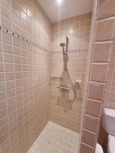 une salle de bain avec douche et toilettes dans l'établissement Le Jardin d'Été à la Mer - T2 avec jardin, clim, parking, à Cavalaire-sur-Mer