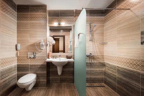 a bathroom with a sink and a toilet and a shower at Boutique Complex Trakiets in Zhitnitsa