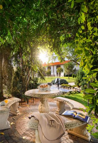 a table and chairs in a garden with the sun setting at Boutique Complex Trakiets in Zhitnitsa