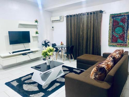 a living room with a couch and a tv at Opal Exquisite Apartment in Lekki