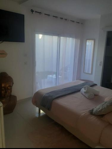 une chambre avec un lit et une grande fenêtre dans l'établissement Love Room Romantique, à Tremblay-en-France