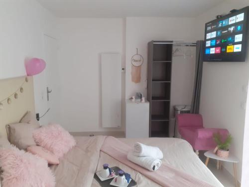a bedroom with a pink bed with a pink chair at Love Room Romantique in Tremblay En France