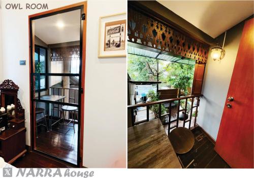 two pictures of a room with a door and a balcony at Narra House Sukhumvit58 in Bangkok