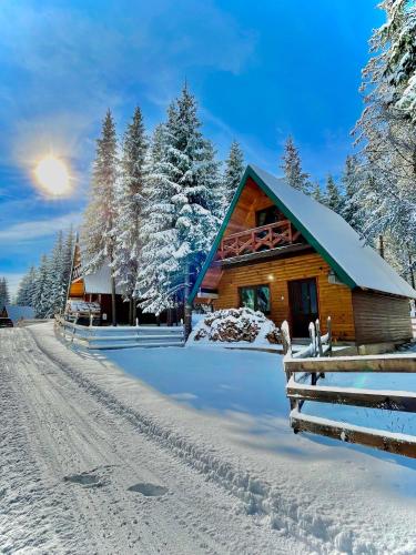 a log cabin in the snow with a fence at Ville Uskoci in Žabljak