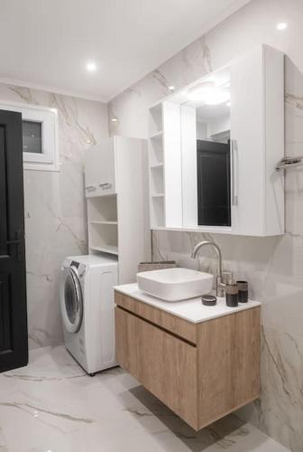 ein Badezimmer mit Waschbecken und Waschmaschine in der Unterkunft Maybe Home suite apartments No1 in Drama