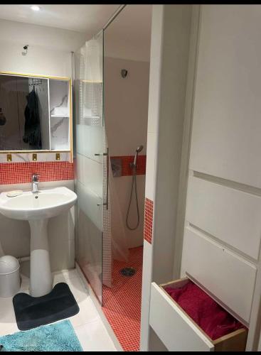 une salle de bain avec un lavabo et une douche dans l'établissement Central Charm 10 min walk Eiffel tower, à Paris
