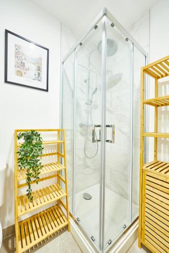une douche avec une cabine en verre dans une salle de bain dans l'établissement BE-2G - Appartement F2 pour 1-2 pers au 2ème étage au centre de Mulhouse, à Mulhouse