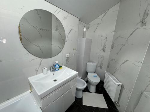 łazienka z umywalką, toaletą i lustrem w obiekcie Opera apartment w Kiszyniowie