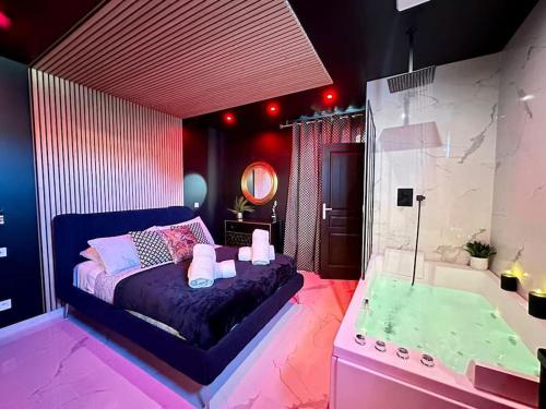 une chambre avec un lit et une baignoire dans une pièce dans l'établissement Love room, à Esbly