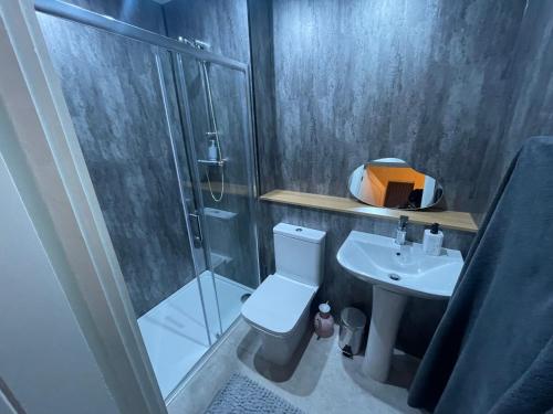a bathroom with a shower and a toilet and a sink at Stylish Apartment in Leeds City Centre in Central Station