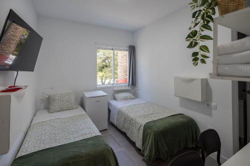 deux lits dans une petite pièce avec une fenêtre dans l'établissement Coliving Mol-Terrace, En-Suite Bathroom, Fridge & TV, à Las Palmas de Gran Canaria