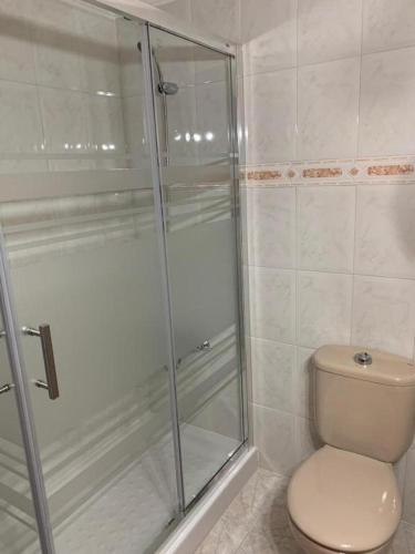 a bathroom with a shower and a toilet at Vacacional Tegueste 1ºA in Vecindario
