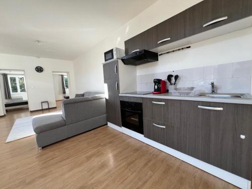 une cuisine avec un évier et un canapé dans une chambre dans l'établissement Charmant appartement - Proche Lille Centre, à Lille
