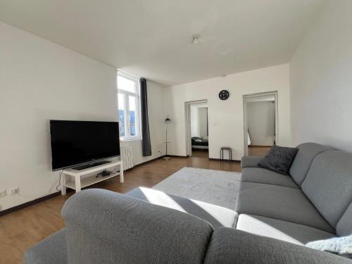 un salon avec un canapé et une télévision à écran plat dans l'établissement Charmant appartement - Proche Lille Centre, à Lille