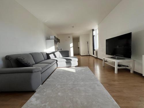 un salon avec un canapé et une télévision à écran plat dans l'établissement Charmant appartement - Proche Lille Centre, à Lille