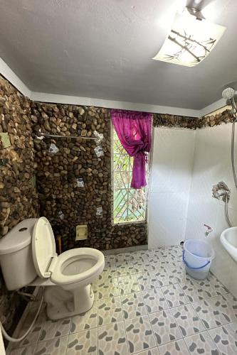 a bathroom with a toilet and a sink and a window at Baansuan Chomchun in Amphoe Mae Taeng