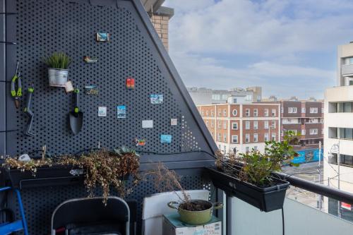 ダブリンにあるGuestReady - Cosy nest in Dublinの壁に鉢植えの植物が飾られたバルコニー