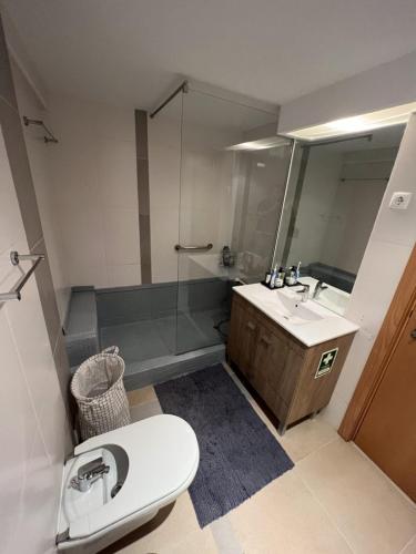 a bathroom with a shower and a toilet and a sink at Apartamento Golden Sky in Cabanas de Tavira