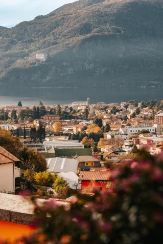 a view of a city with a mountain in the background at Larius Apartment - Como Lake View - Free Parking in Mandello del Lario
