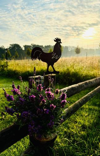 a statue of a chicken next to a fence with flowers at Hotel Rappenhof in Breuna