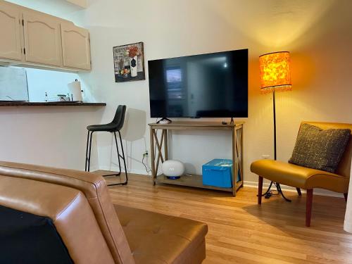 a living room with a couch and a flat screen tv at Varena Condo in Lake Charles