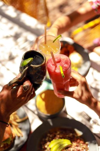 a group of people holding drinks on a table with food at San Trópico Boutique Hotel & Peaceful Escape in Puerto Vallarta