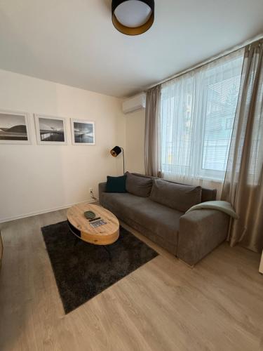 a living room with a couch and a table at Apartmány U Kostela in Uničov