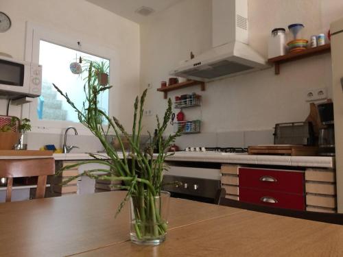 a kitchen with a table with a vase on it at Casa taller Penelles in Penellas