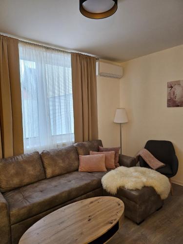 a living room with a brown couch and a table at Apartmány U Kostela in Uničov