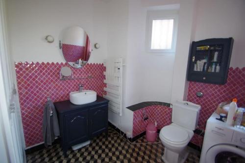 une salle de bain avec un lavabo, des toilettes et un miroir dans l'établissement Appartement avec terrasse et jardin, à Saint-Raphaël