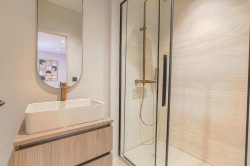 a bathroom with a sink and a glass shower at Superbe appartement, deux chambres, St-Didier in Saint-Didier-au-Mont-dʼOr