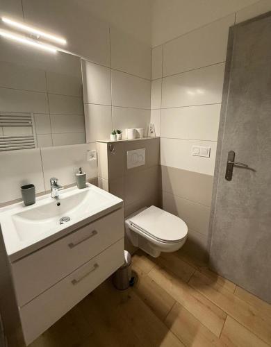 a bathroom with a sink and a toilet and a mirror at Apartmány U Kostela in Uničov