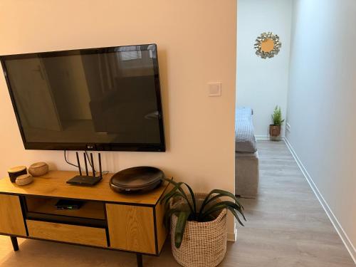 a flat screen tv on a wooden stand in a living room at Apartmány U Kostela in Uničov