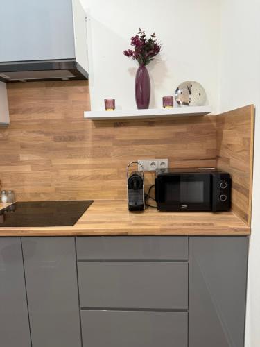 a microwave on a wooden counter in a kitchen at Apartmány U Kostela in Uničov