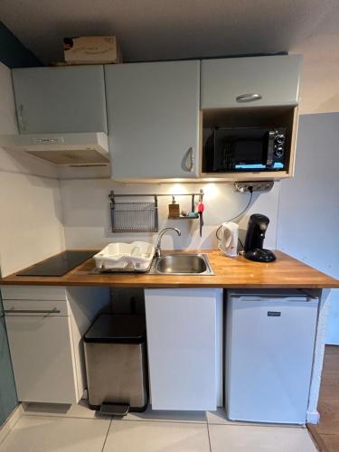 une petite cuisine avec un évier et un micro-ondes dans l'établissement Havre de paix Climatisé parking T1, à Lourdes