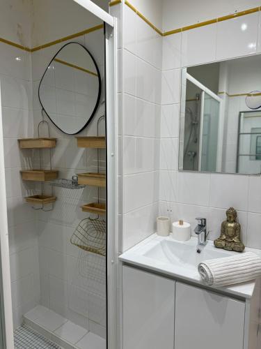 une salle de bain blanche avec un lavabo et un miroir dans l'établissement Marais, Sainte-croix Bretonnerie 2 - 4 places, à Paris