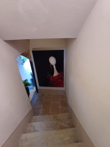 a hallway with a painting of a woman in a red dress at Santo Stefano Rondini in Vicoforte