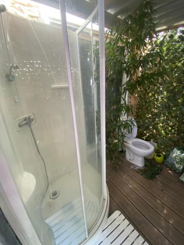 La salle de bains est pourvue d'une douche et de toilettes sur une terrasse. dans l'établissement Roulotte individuelle dans le maquis Corse, à Pianottoli-Caldarello