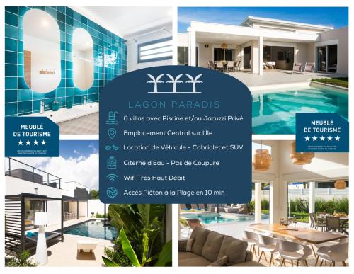 a collage of pictures of a villa with a pool at Lagon Paradis - 6 Villas individuelles avec Piscine ou Jacuzzi - Loc Voiture Cabriolet ou SUV in Le Gosier