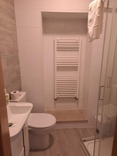 a white bathroom with a toilet and a shower at Casa da Travessa in Seia