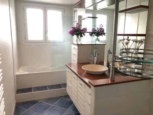 une salle de bain avec un lavabo, une baignoire et un miroir dans l'établissement Bel appartement centre Saint Brieuc a pied, à Saint-Brieuc