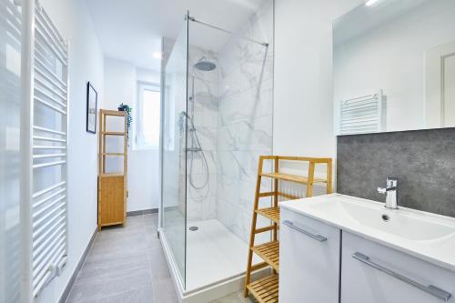 une salle de bain avec un lavabo et une douche dans l'établissement BE-3D - Appartement F3 pour 1-4 pers au 3ème étage au centre de Mulhouse, à Mulhouse