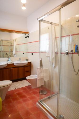 a bathroom with a shower and a toilet and a sink at La casa di Tilde in Vicchio