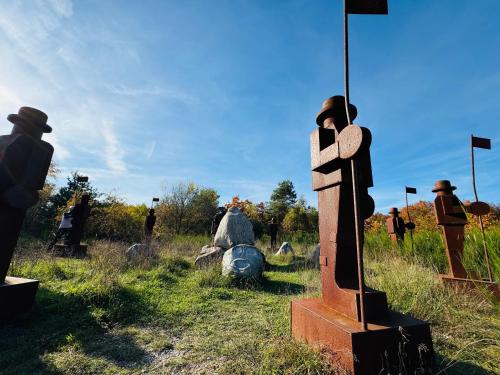 a group of statues in a grassy field at 8 Personen Ferienhaus ,,Seegelblick" am Goitzschesee, erste Reihe am Strand mit Sauna, Kamin, Wallbox & SUP in Pouch