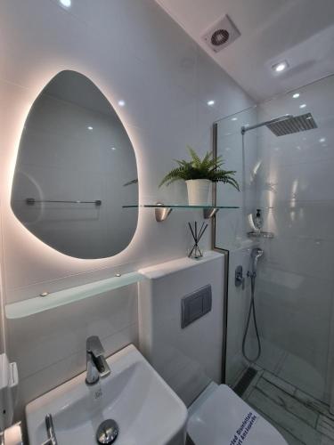 une salle de bain avec un lavabo, un miroir et une douche dans l'établissement Pension Antonakis Ouranoupolis Greece, à Ouranoupoli