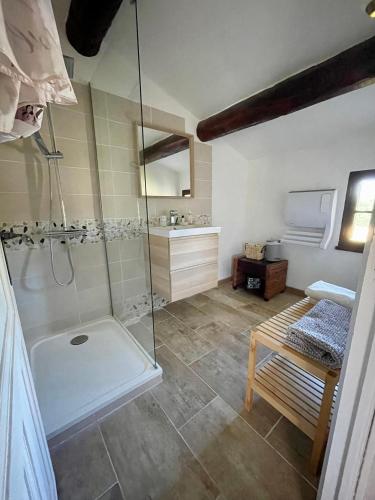 une salle de bain avec douche et lavabo dans l'établissement La belle histoire gîte Luberon, à Bédoin