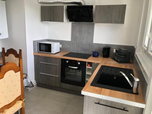 une petite cuisine avec une cuisinière et un micro-ondes dans l'établissement Bel appartement centre Saint Brieuc a pied, à Saint-Brieuc