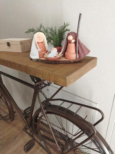 a shelf with two shoes and a plant on a bike at Casas Rurales El Aljibe, Jara in Argés