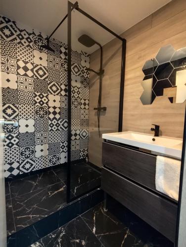 une salle de bain avec un lavabo et une douche dans l'établissement 3 Chambres 3 Salles de bain Vue panoramique Lyon, à Lyon